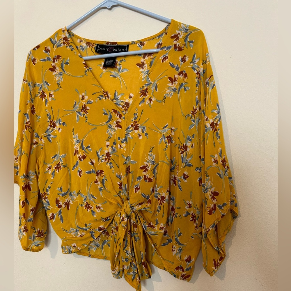 Polly & Esther Yellow Floral Tie-Front Top